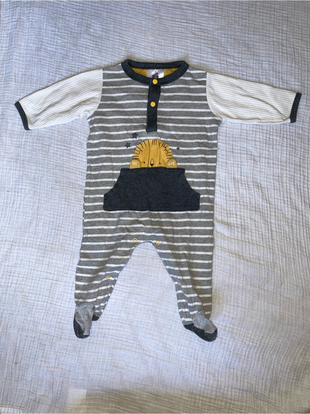 Grey & White Striped Lion Pocket Footie - Yellow Accent